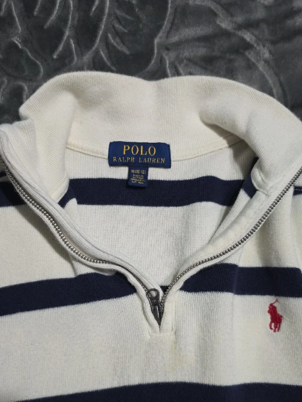 Ralph Lauren White & Navy Striped Half-Zip Sweater with Red Pony